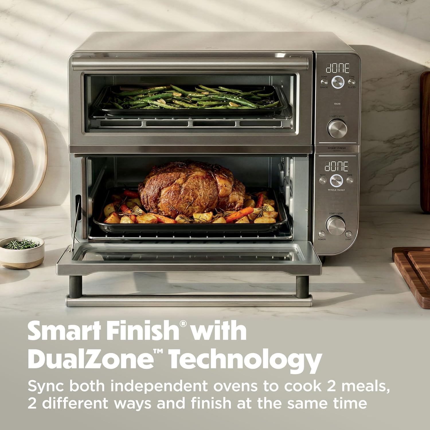 Ninja Double Oven Pro Smart XL Countertop Oven & Air Fryer | 30.2 Qt Capacity |12-in-1 Versatility with Smart Finish & DualZone Tech to Cook 2 Meals at Once | Fit up to 4.5lb Chicken | Silver | DCT821