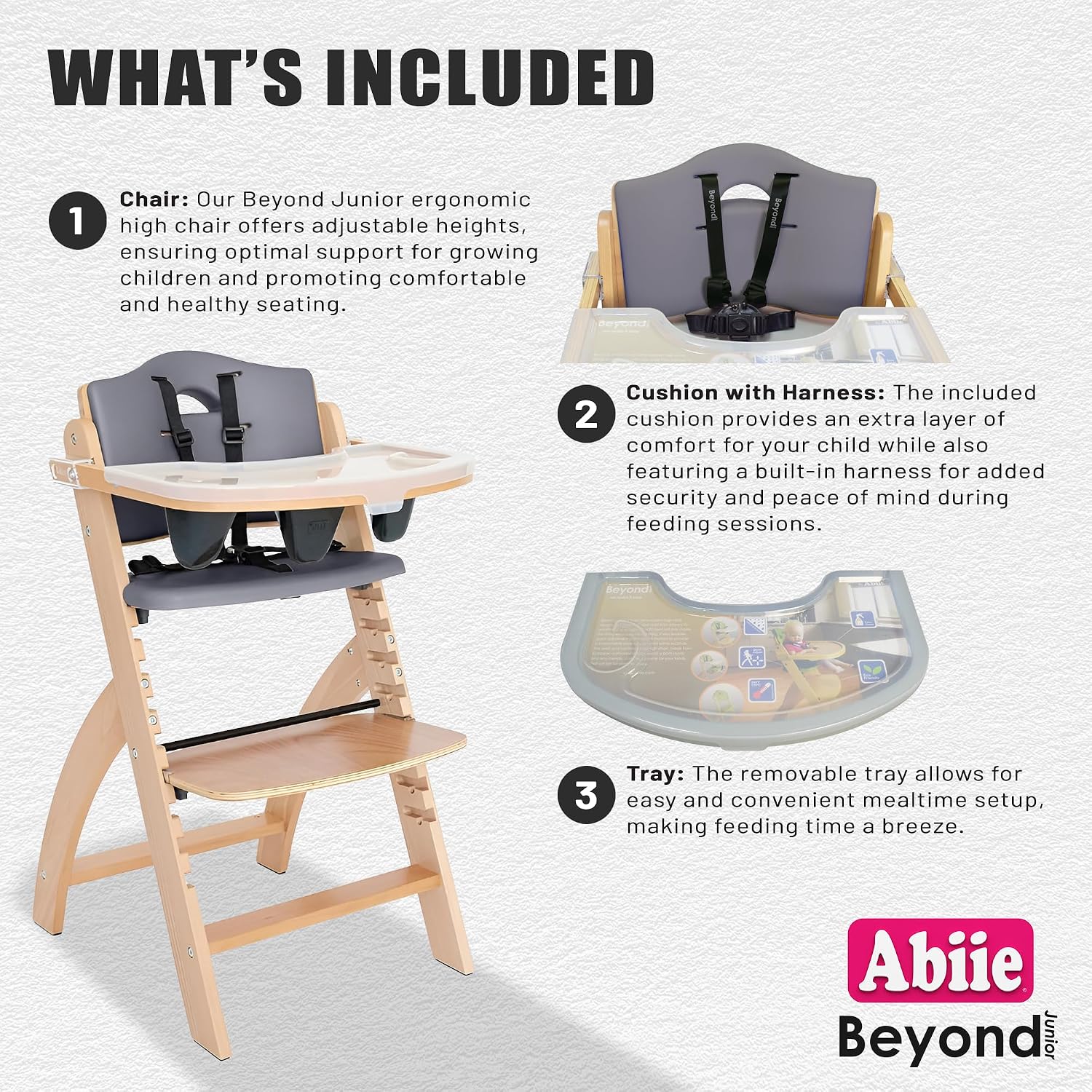 Abiie Beyond Junior Wooden High Chair for Babies and Toddlers - Convertible 3-in-1 Baby Highchair with Removable Tray - 6 Months to 250 Lb - Water Resistant - Natural Wood with Dark Grey Cushion