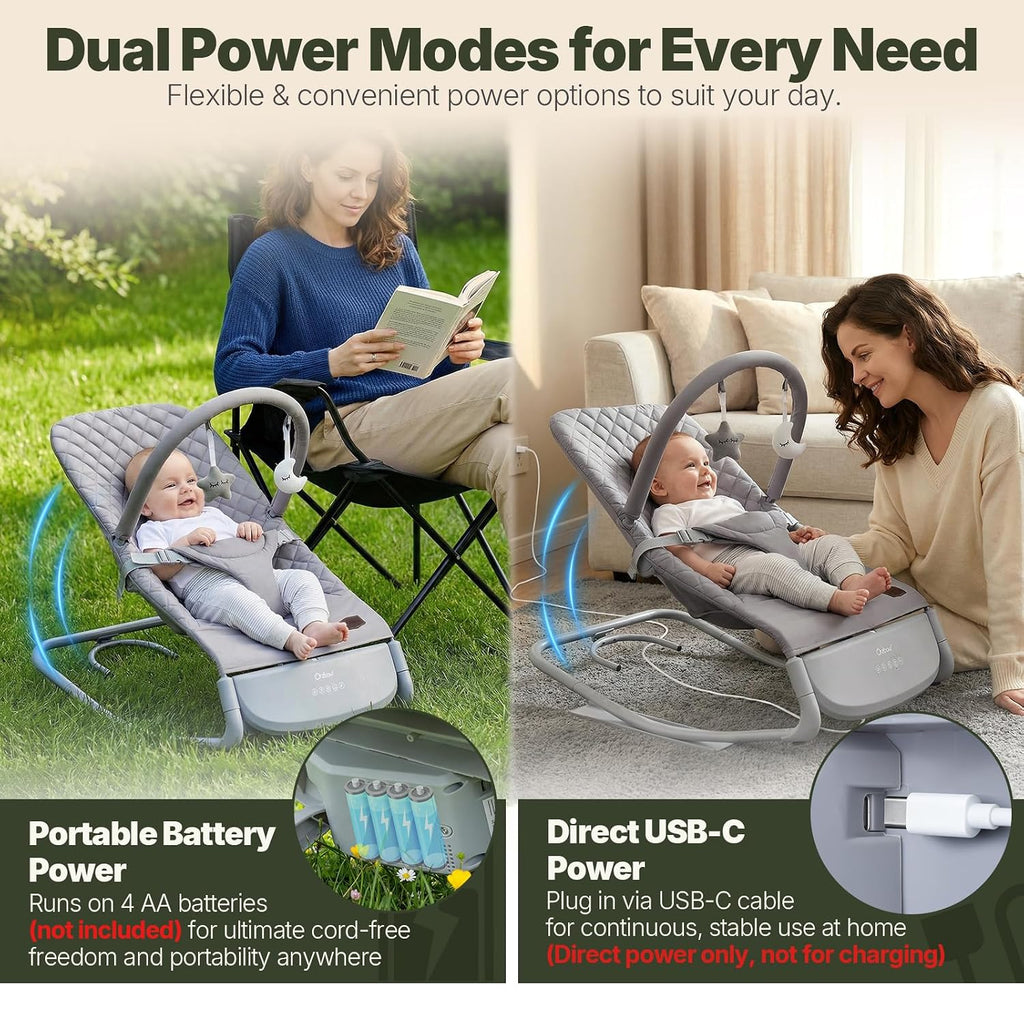 Orzbow Electric Baby Rocker with Innovative Auto Rocking Motion, Adaptable 3-Speed, Smart Tap Sensing, Soothing Sounds, and 3 Recline Positions, 2-in-1 Automatic Baby Rocker Chair, Grey
