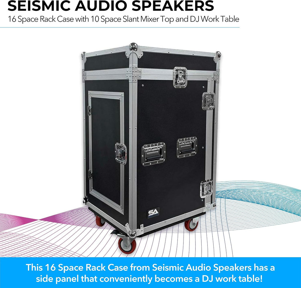 Seismic Audio Speakers 16 Space Rack Case with 10 Space Slant Mixer Top and DJ Work Table, PA/DJ Pro Audio Road Case