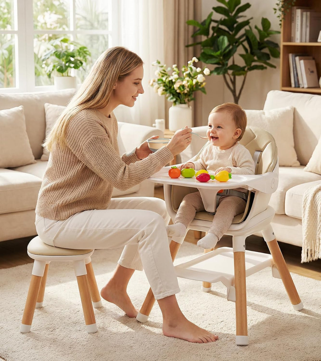 6 in 1 Baby High Chair, Convertible Wooden High Chairs/Booster Seat for Babies and Toddlers, Baby Feeding Chair with 5-Point Harness/Double Removable Tray & Adjustable Footrest (Beige)