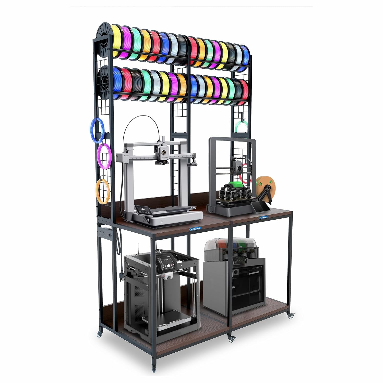 2025 Upgraded Dual 3D Printer Stand with Filament Storage Workstation, Extended Storage Mobile 3D Printer Table Workbench, AC/USB Power Hub for Studio Workshop