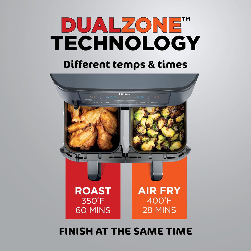 Ninja Foodi Air Fryer w/Smart Cook Thermometer | 6-in-1 Air Fry, Roast, Bake, Dehydrate & More | DualZone™ Match Cook & Smart Finish, 2 Independent Baskets | XL 10 Qt, Stainless Steel | Grey,DZ550GY