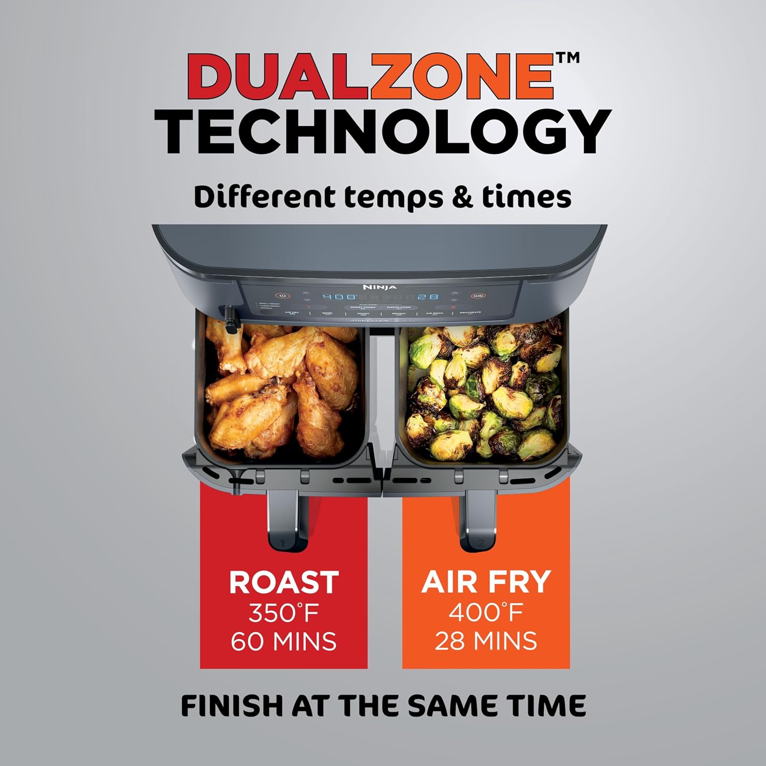 Ninja Foodi Air Fryer w/Smart Cook Thermometer | 6-in-1 Air Fry, Roast, Bake, Dehydrate & More | DualZone™ Match Cook & Smart Finish, 2 Independent Baskets | XL 10 Qt, Stainless Steel | Grey,DZ550GY