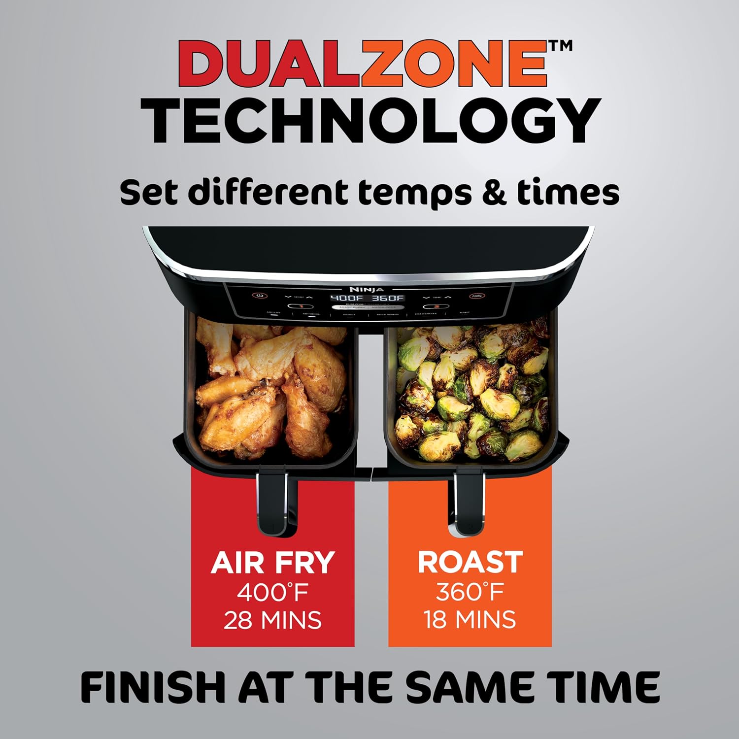 Ninja Foodi Air Fryer | 6-in-1 with 10-QT DualZone Baskets | Smart Finish to Cook 2 Foods at Once | Air Fry, Broil, Roast, Dehydrate, Keep Warm & Bake | 450° F |XL Capacity | Black | DZ302