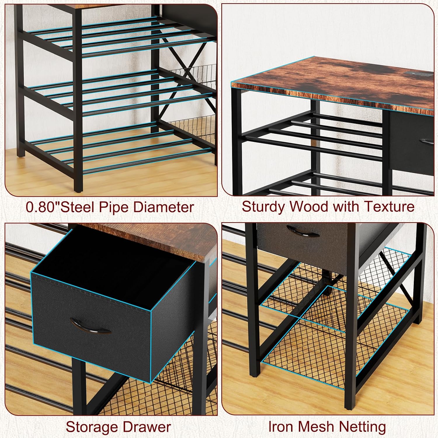 3D Printer Stand with Filament Storage Rack, 3D Printer Table with Power Outlet, 3-Tier Filament Holder with Drawer, 3D Printer Filament Stand Organized for Office Workshop Studio Office
