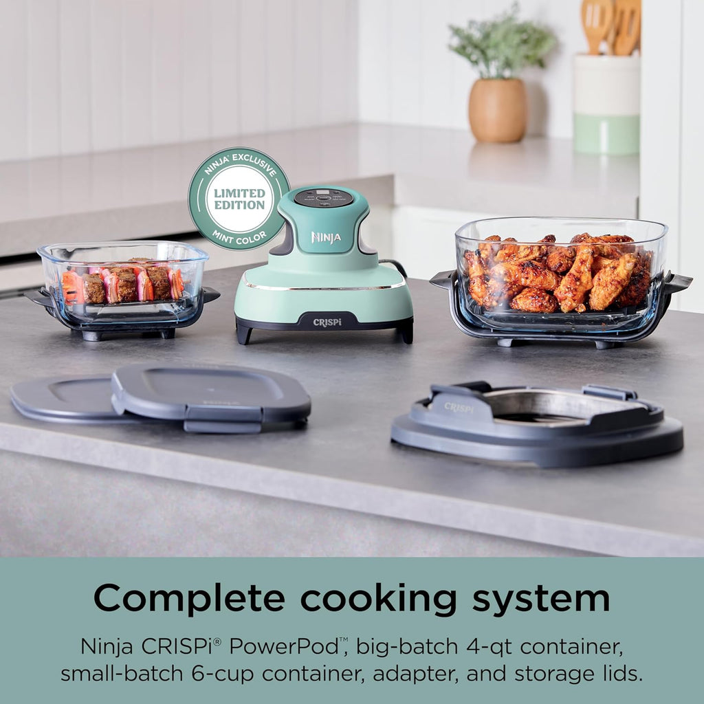 Ninja Crispi Air Fryer, Microwave, Freezer & Dishwasher Safe, Non Toxic Glass Portable Cooking System, 4 QT & 6 Cup Glass Containers with Storage Lids, Easy Meals, Air Fry, Bake, Mint (Renewed)