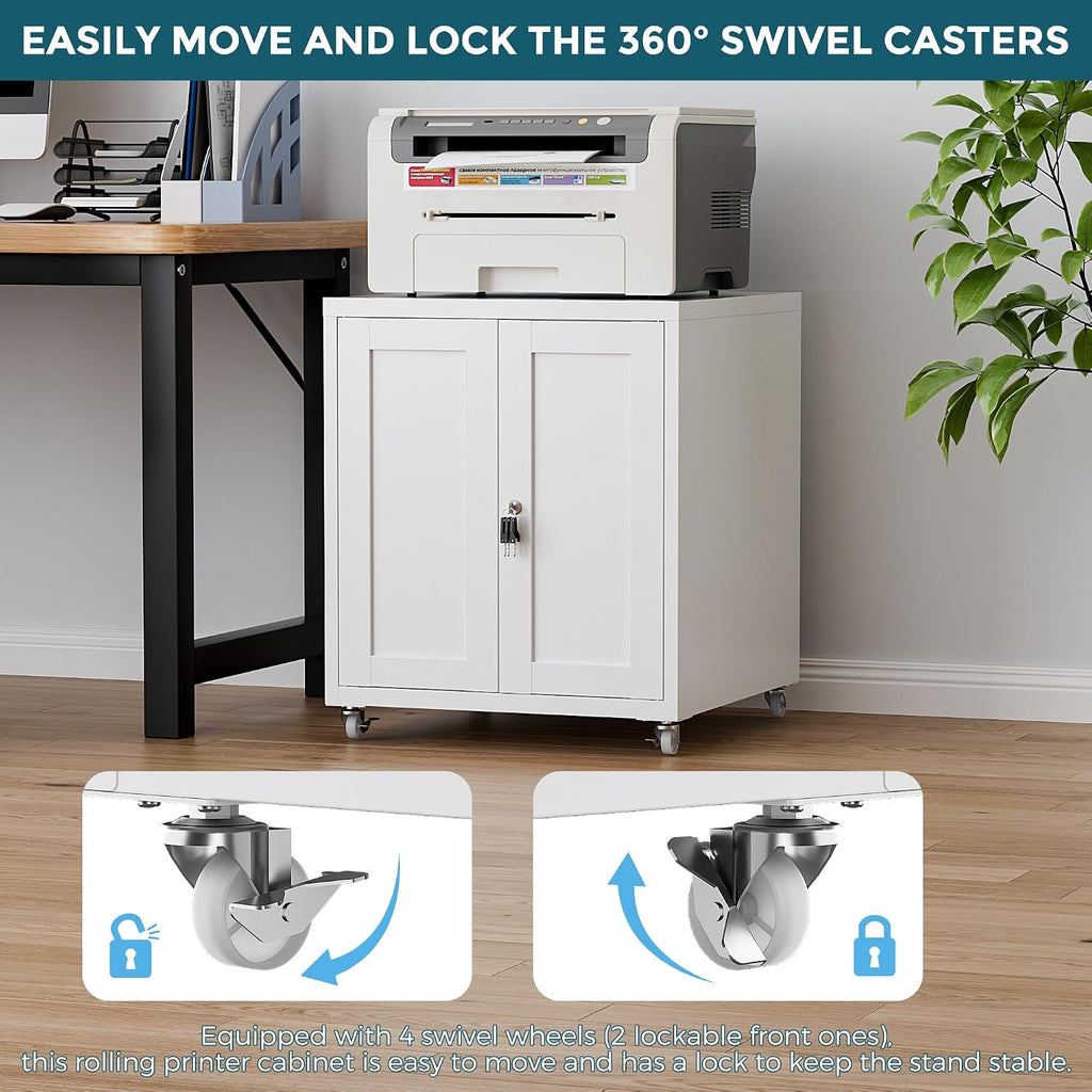 Large Printer Stand with Storage and Lock, 3D Heavy-Duty Printer Cabinet, Printer Table for Home Office with Doors and Adjustable Shelves, for Office Copier and Fax Machine, White