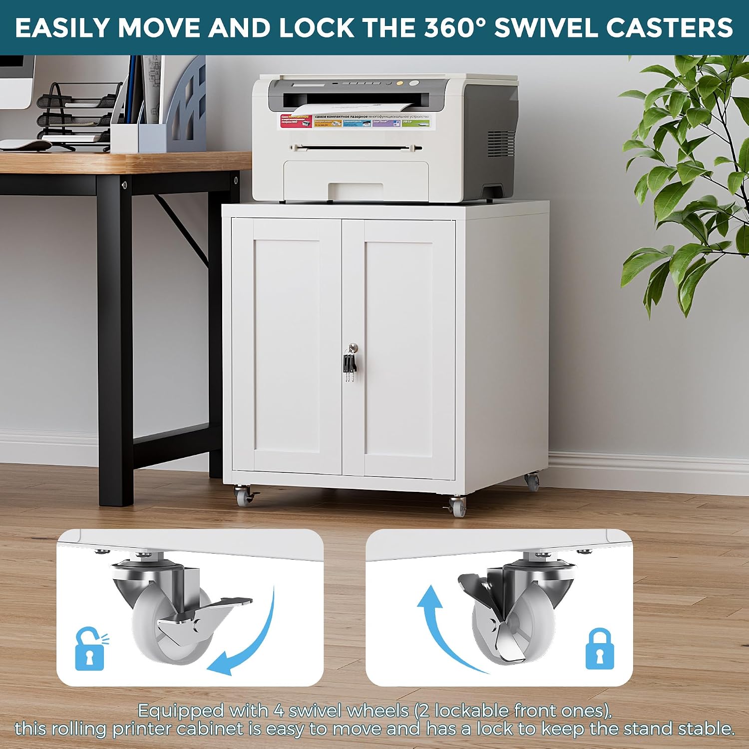 Large Printer Stand with Storage and Lock, 3D Heavy-Duty Printer Cabinet, Printer Table for Home Office with Doors and Adjustable Shelves, for Office Copier and Fax Machine, White