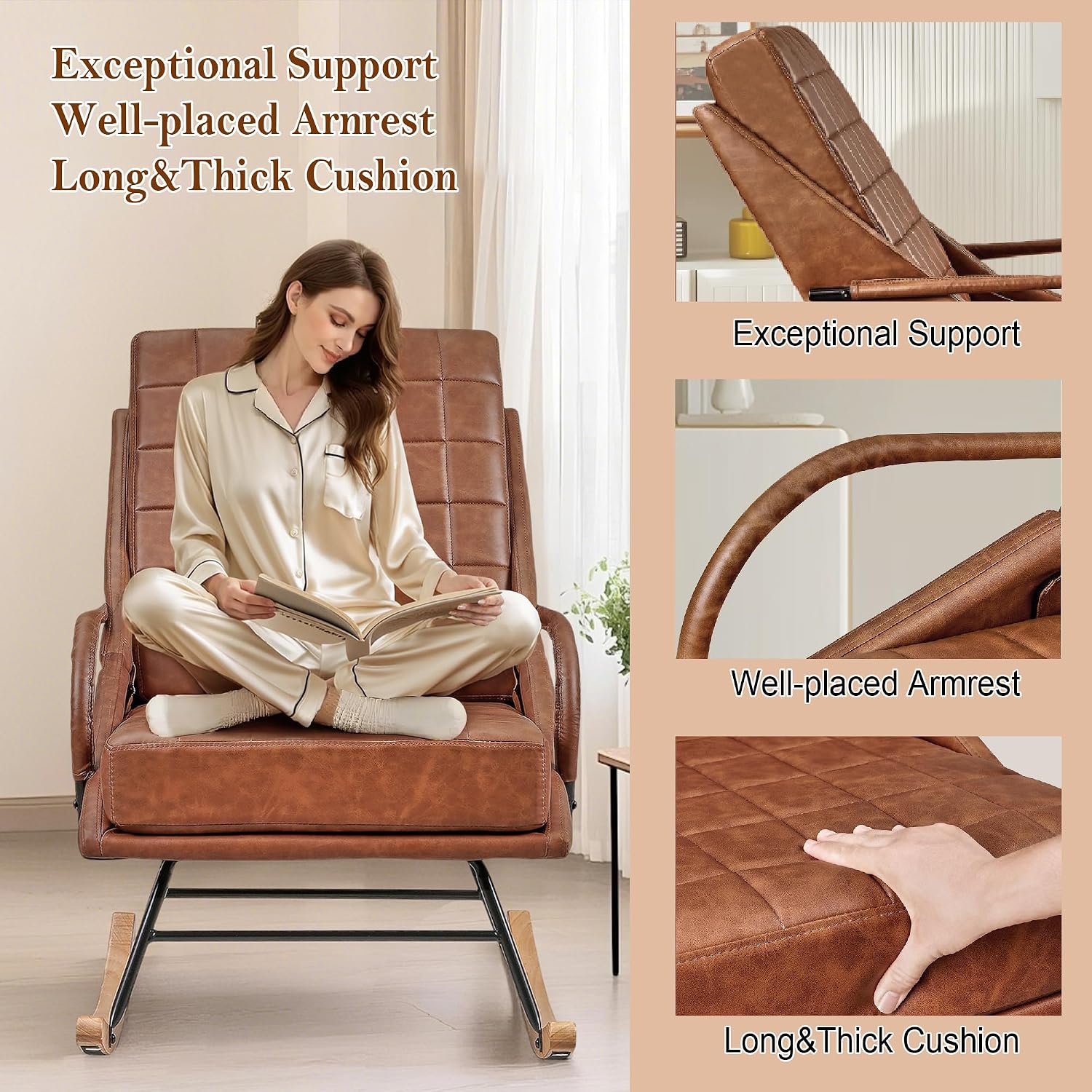 VECELO Rocking Chair Nursery, Oversize Leather Glider Rocker with Padded Cushion, Upholstered Removable High Back, Brown