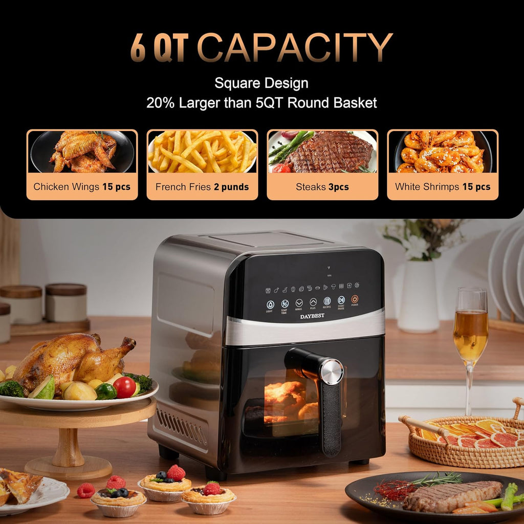 Stainless Steel Air Fryer Ceramic 12 in 1, Dual-Blazes in Steel Housing, 6QT 2-3 Servings Visible 8.27' Basket with Teflon-Free Premium Coating, 1700W, DAYBEST Dishwasher Safe Kits (Stainless Steel)