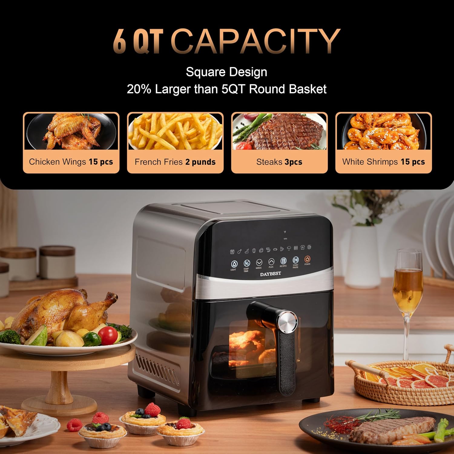 Stainless Steel Air Fryer Ceramic 12 in 1, Dual-Blazes in Steel Housing, 6QT 2-3 Servings Visible 8.27' Basket with Teflon-Free Premium Coating, 1700W, DAYBEST Dishwasher Safe Kits (Stainless Steel)