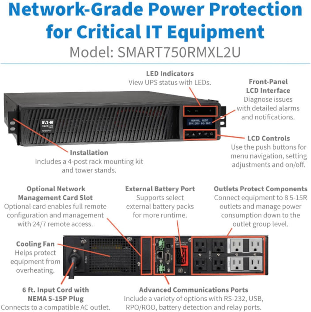 Eaton Tripp Lite Series SMART750RMXL2U 750VA Rack Mount UPS Battery Backup, Pure Sine Wave, 750W, Extended Run & Network Card Option, 8 Outlets, 120V, AVR, Uninterruptible Power Supply