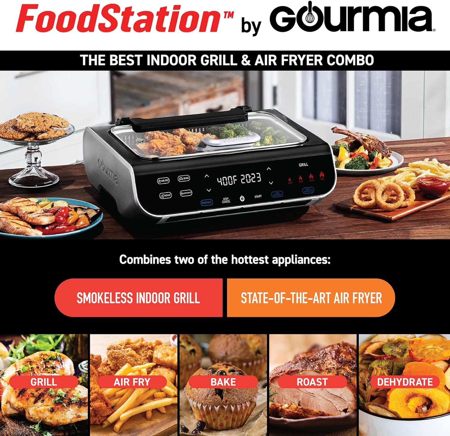 Gourmia Smokeless Indoor Grill & Air Fryer raclette grill with Smoke Extracting Technology Extra-Large Nonstick Cooking electric grill indoor Korean BBQ Style 6 Quart FoodStation™