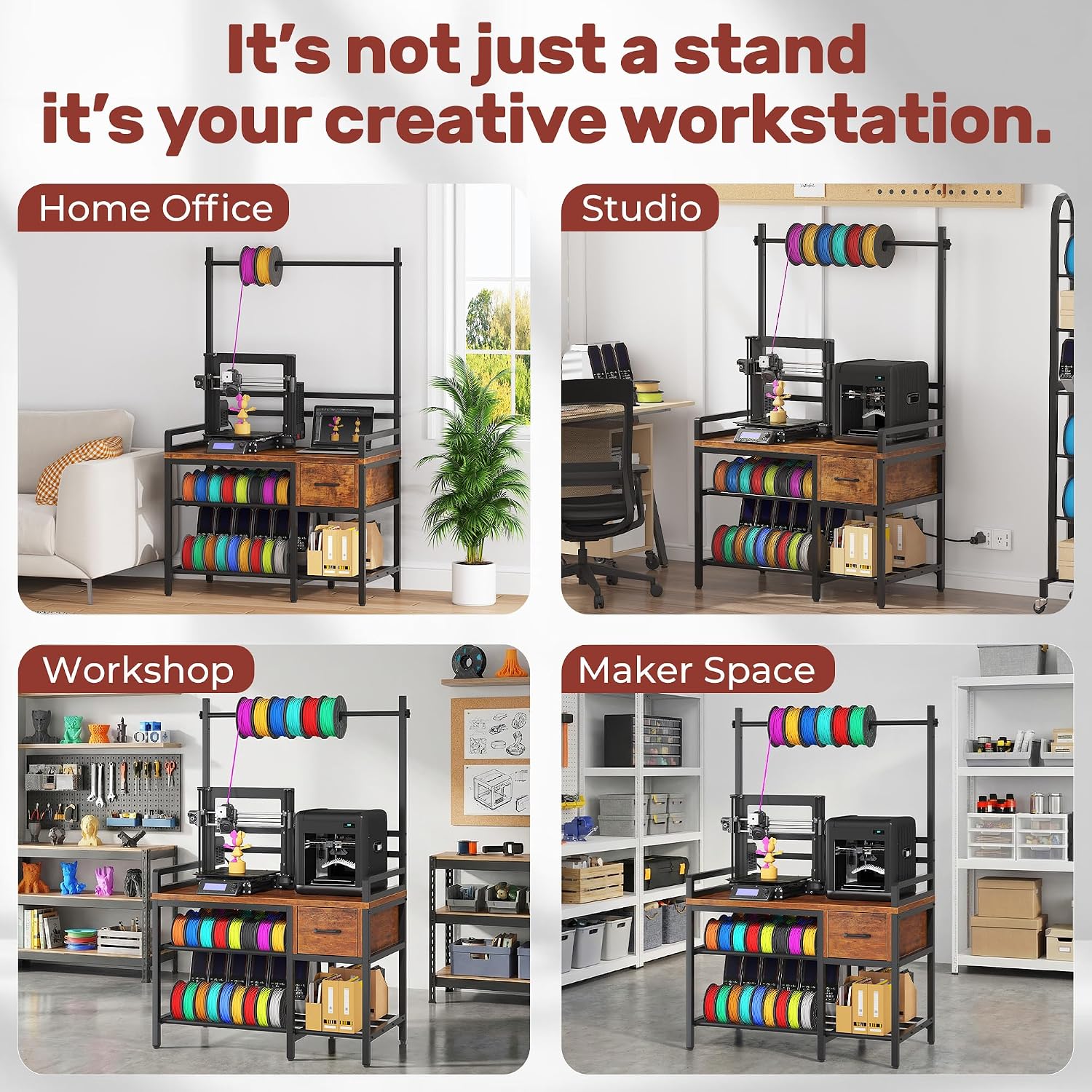 3D Printer Stand with Filament Storage – Tall 66' Heavy Duty Metal 3D Printer Table with Power Hub, Drawer & X-Bracket Stability for Workshop, Studio, Office