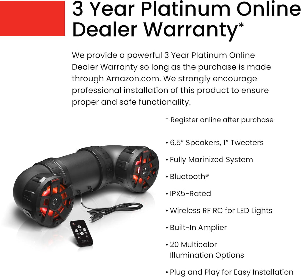 BOSS Audio Systems ATV65BRGB ATV Sound System - 6.5 Inch Speakers, Tweeters, IPX5 Weatherproof, Bluetooth, Built-in Amp, Multi-Color Illumination