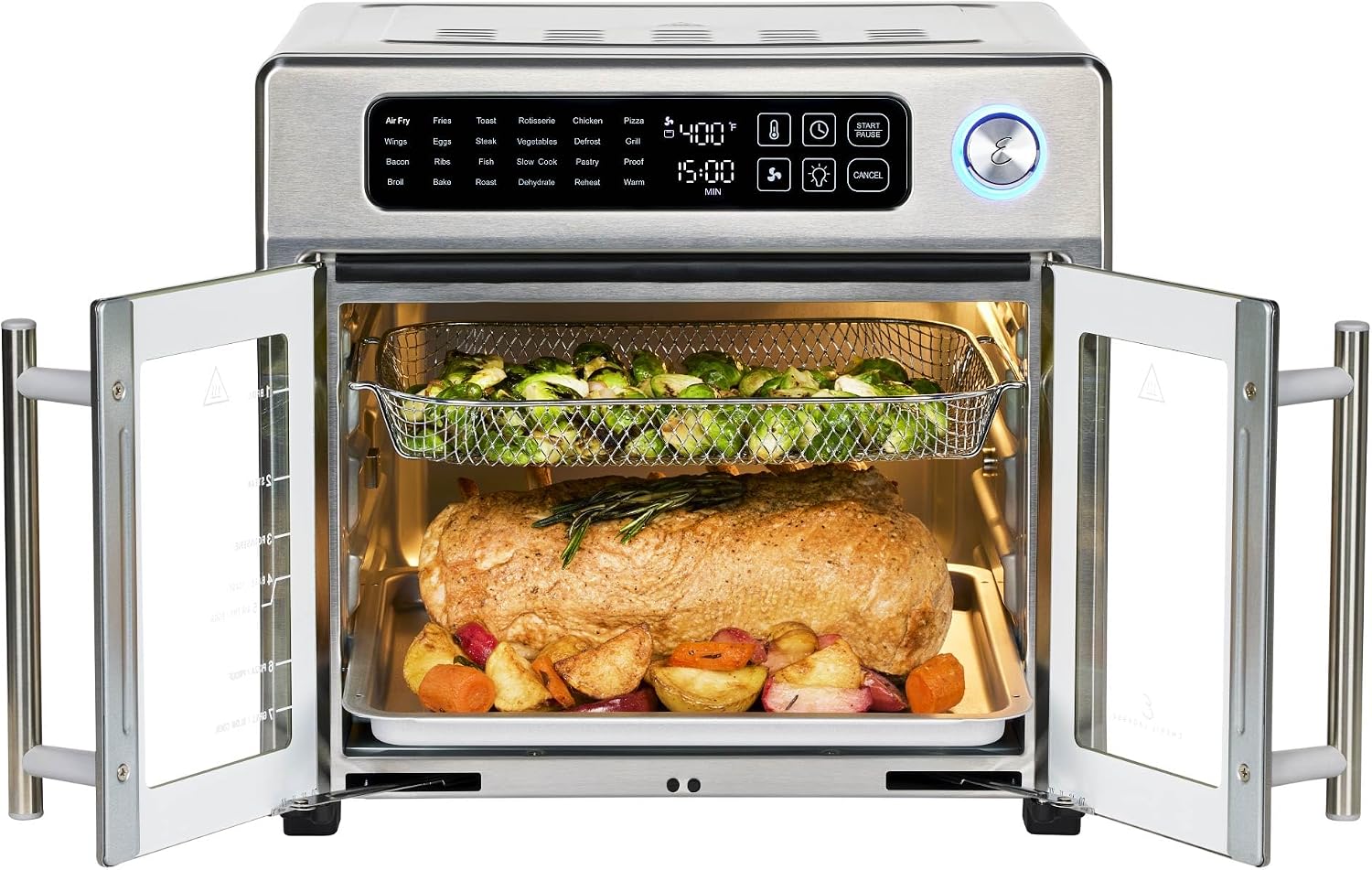 Emeril Lagasse Extra Large French Door Air Fryer Toaster Oven Combo, 24 Cooking Functions and Digital Controls, 7 Accessories Included, Stainless Steel Finish, 26QT Capacity