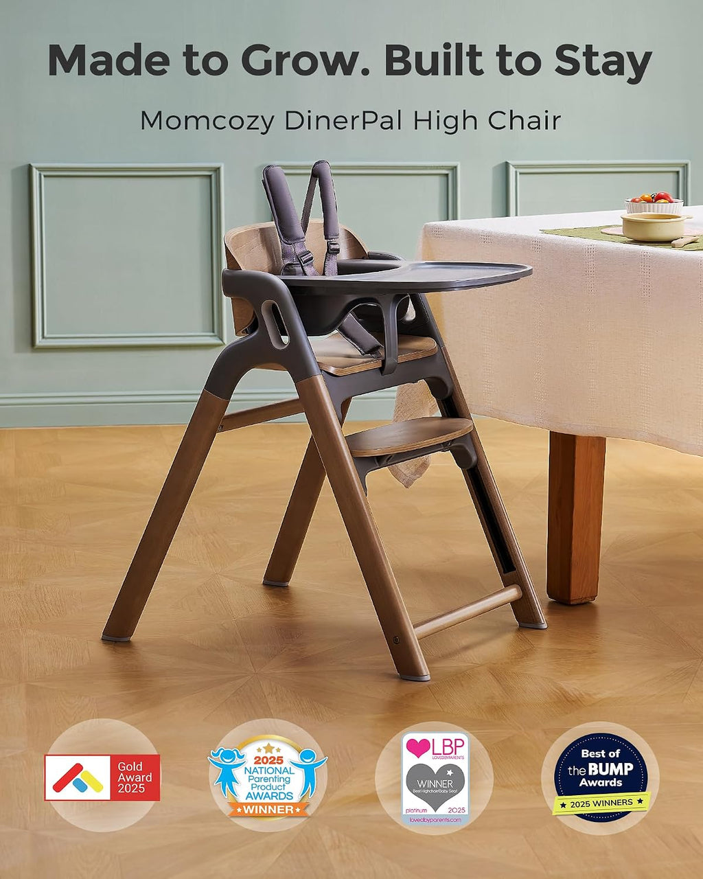 Momcozy High Chair, 5-in-1 Convertible Wooden High Chair with Food-Grade Tray, Baby Set with Removable Harness and Toddler Tower, Highchair for 6 Months to 308 lb, Adjustable & Ergonomic, Walnut