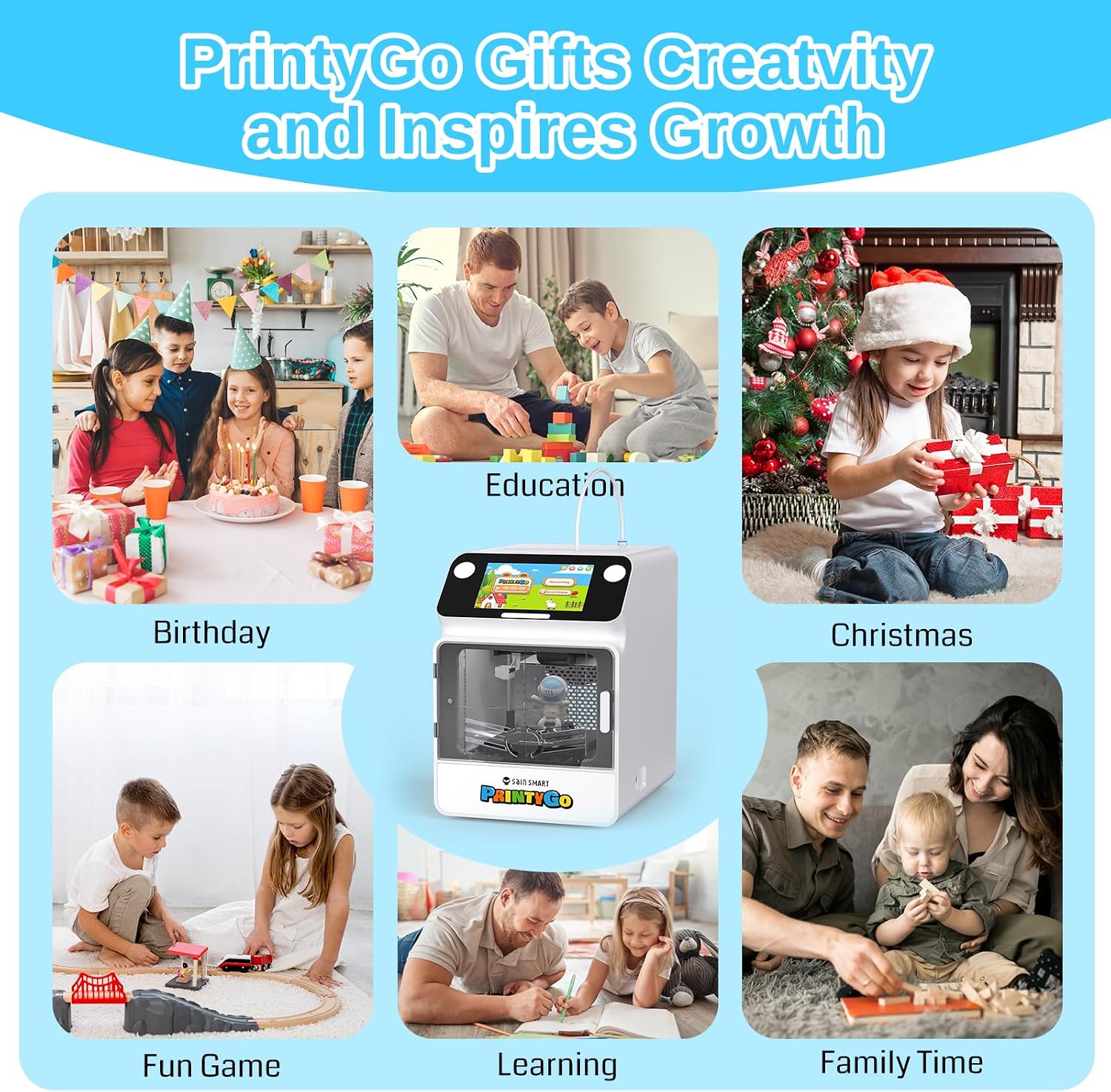 SainSmart PrintyGo Mini 3D Printer for Kids, 600mm/s Auto Leveling Printer for Beginners with 5' Touch Screen, 1500+ Models, Child-Safe Design, Wi-Fi/App Control, Pre-Assembled for STEM Learning Gift