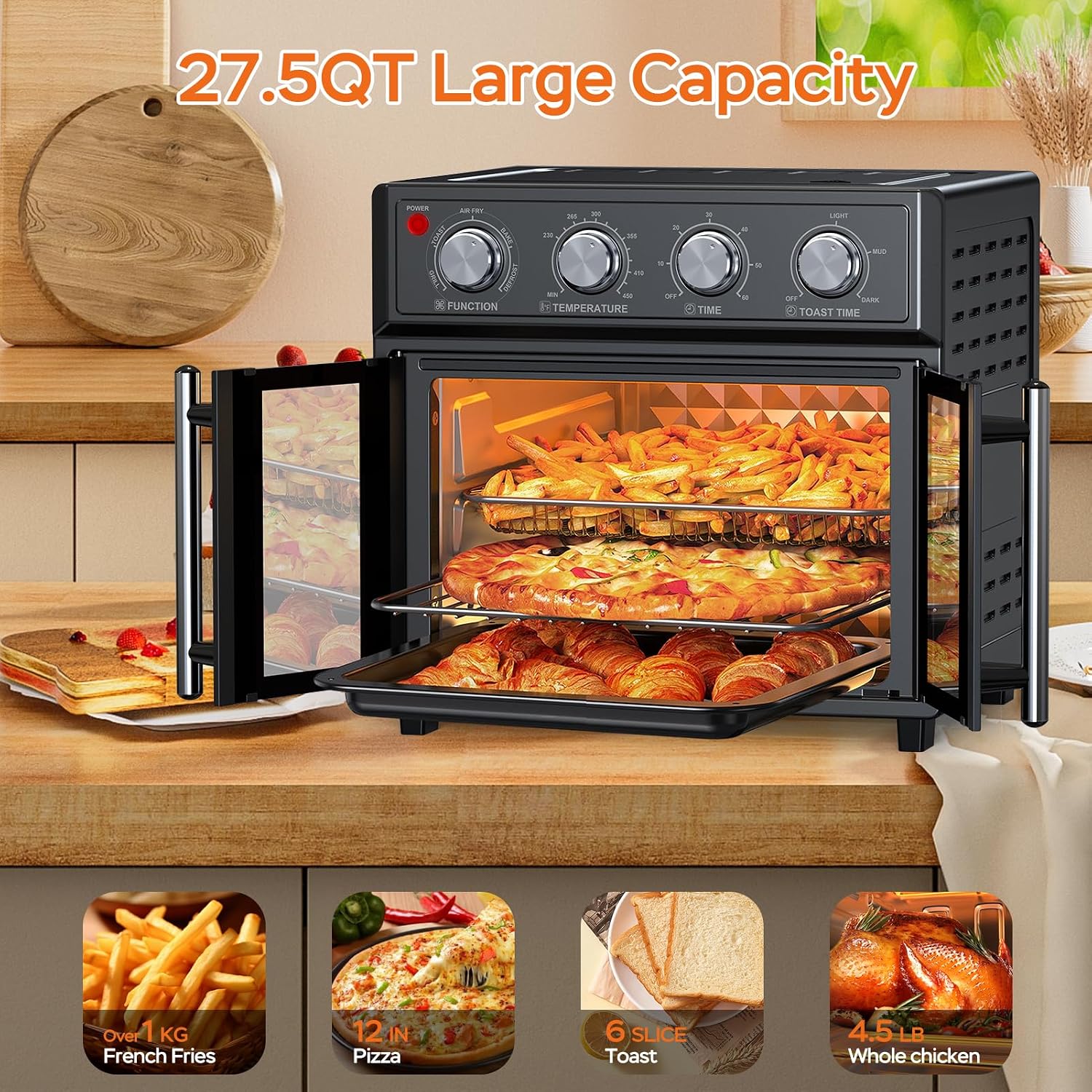 PlumChef 26L Large capacity French Double-Door Air Fryer Convection Toaster Oven,1700W, 7 Preset Menus, 7-in-1 Multi-Function for Bake, Roast, Grill, Toast, Dehydrate& Defrost,Stainless Steel,Black