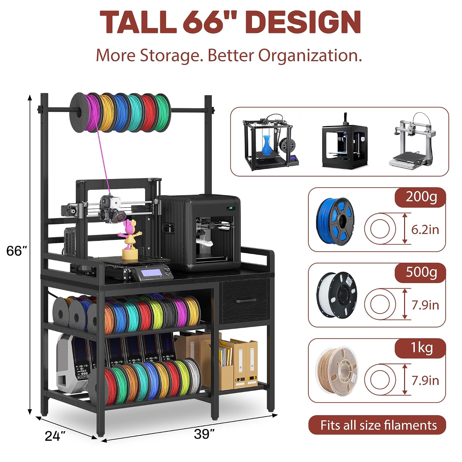 3D Printer Stand with Filament Storage – Tall 66' Heavy Duty Metal 3D Printer Table with Power Hub, Drawer & X-Bracket Stability for Workshop, Studio, Office