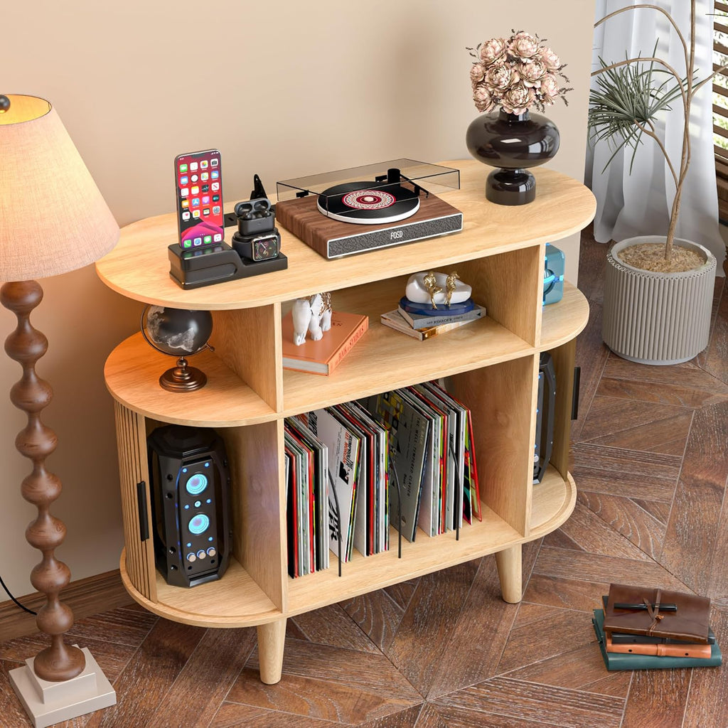 LUVIOHOME Large Round Record Player Stand with Charging Station & USB Ports，Record Storage Cabinet, Mid Century Modern Turntable Stand for Bedroom Living Room (Small Oak)