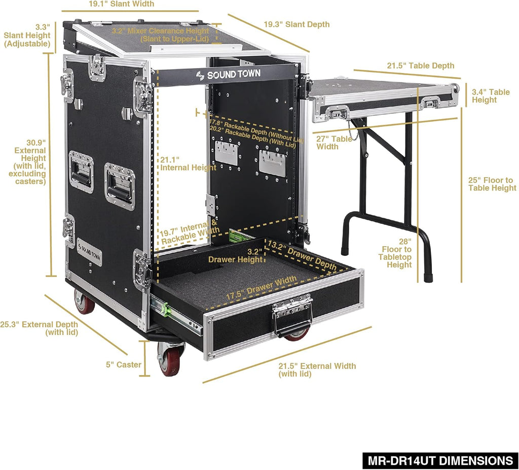 Sound Town 14U PA DJ Pro Audio Rack/Road ATA Case with 2U Drawer, 11U Slant Mixer Top, DJ Work Table, Casters, Pro Tour Grade (MR-DR14UT)