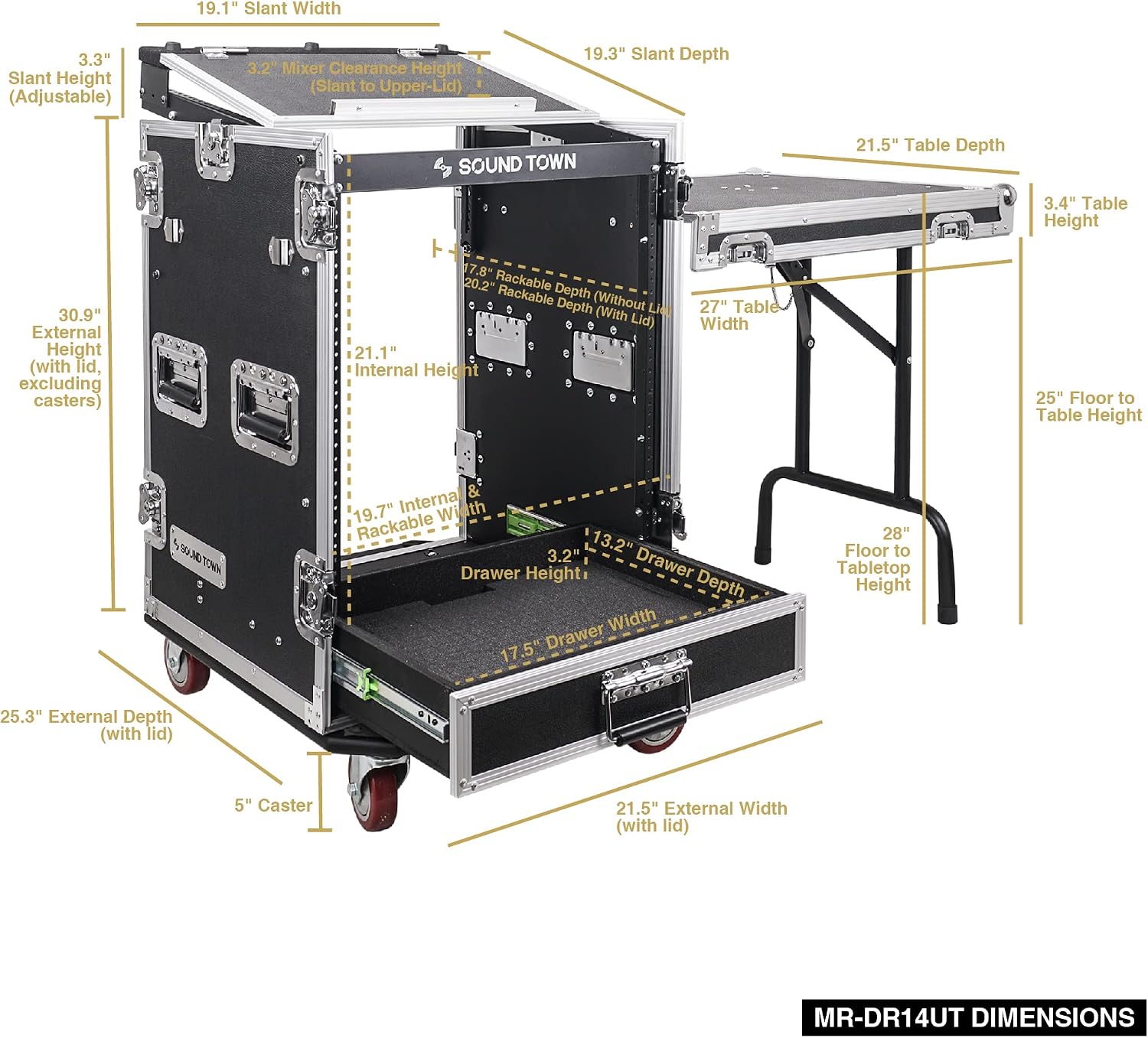 Sound Town 14U PA DJ Pro Audio Rack/Road ATA Case with 2U Drawer, 11U Slant Mixer Top, DJ Work Table, Casters, Pro Tour Grade (MR-DR14UT)