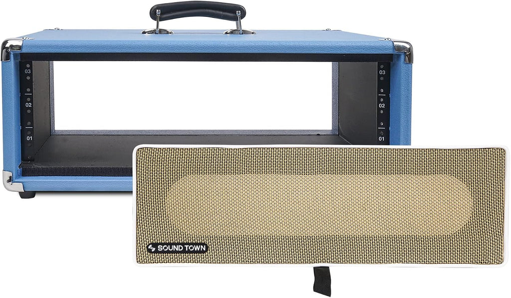 Sound Town Vintage 3U Amp Rack Case, 12.5' Depth with Rubber Feet, Dust Cover, Kickstand, Beau Blue (STVRC-3BL)