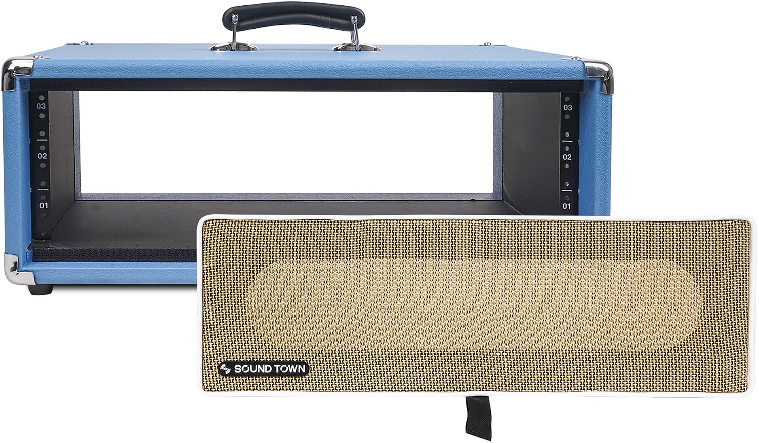 Sound Town Vintage 3U Amp Rack Case, 12.5' Depth with Rubber Feet, Dust Cover, Kickstand, Beau Blue (STVRC-3BL)