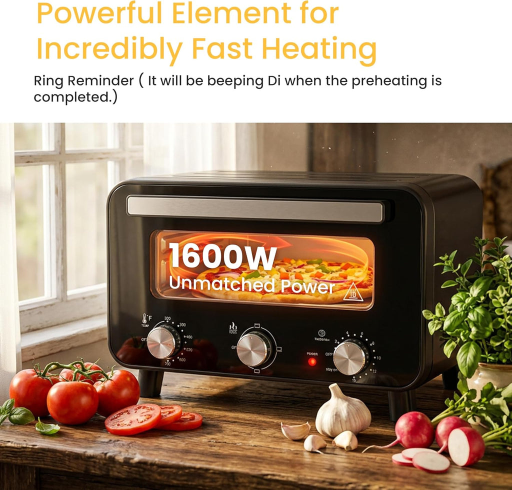 Simple Deluxe 1600W Indoor Electric Pizza Oven, 4 Cooking Modes for 12' Pizza, Fast Heating with Dual Independent Temp Control, Includes Pizza Stone & Spatula, Black