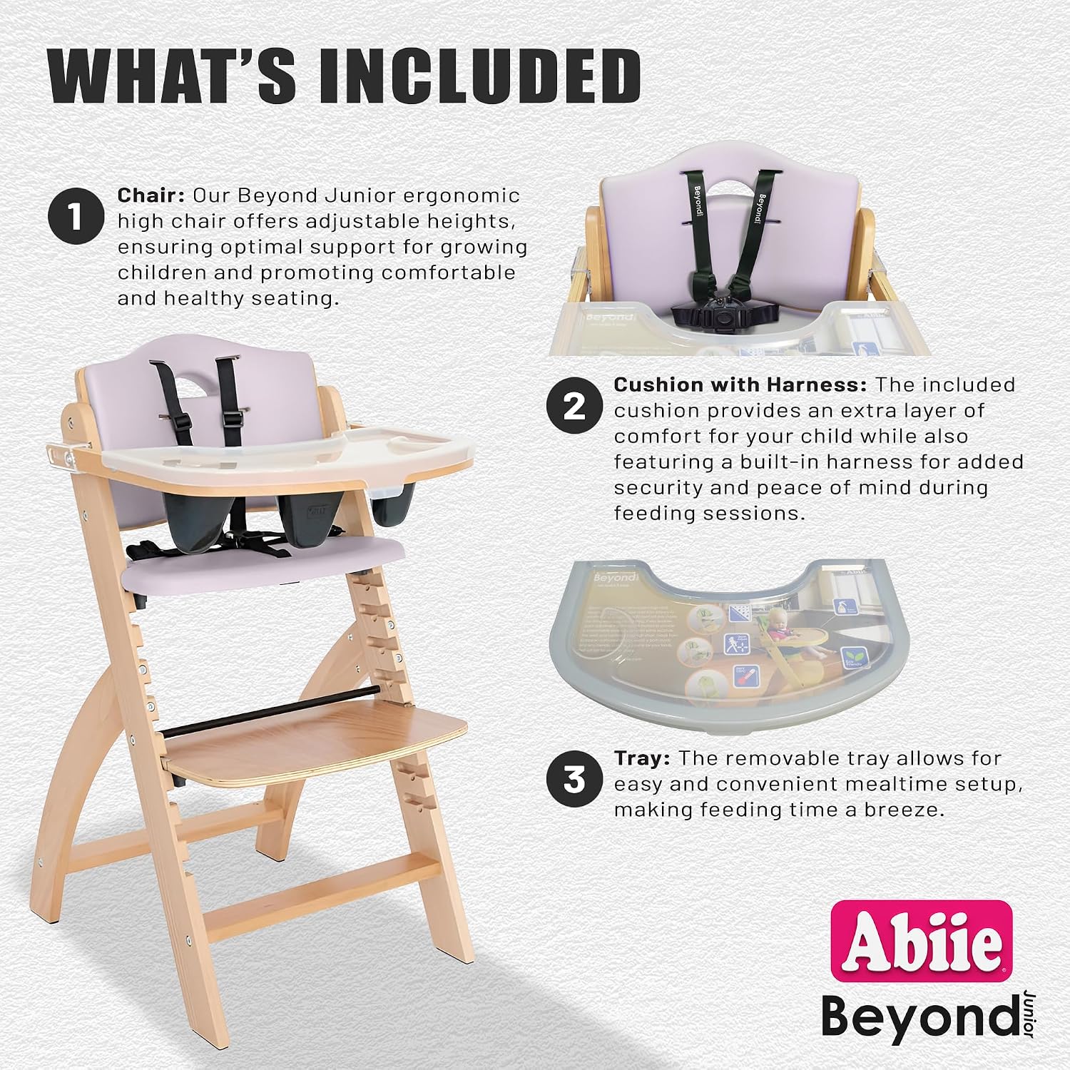 Abiie Beyond Junior Wooden High Chair for Babies and Toddlers - Convertible 3-in-1 Baby Highchair with Removable Tray - 6 Months to 250 Lb - Water Resistant - Natural Wood with Lilac Cushion