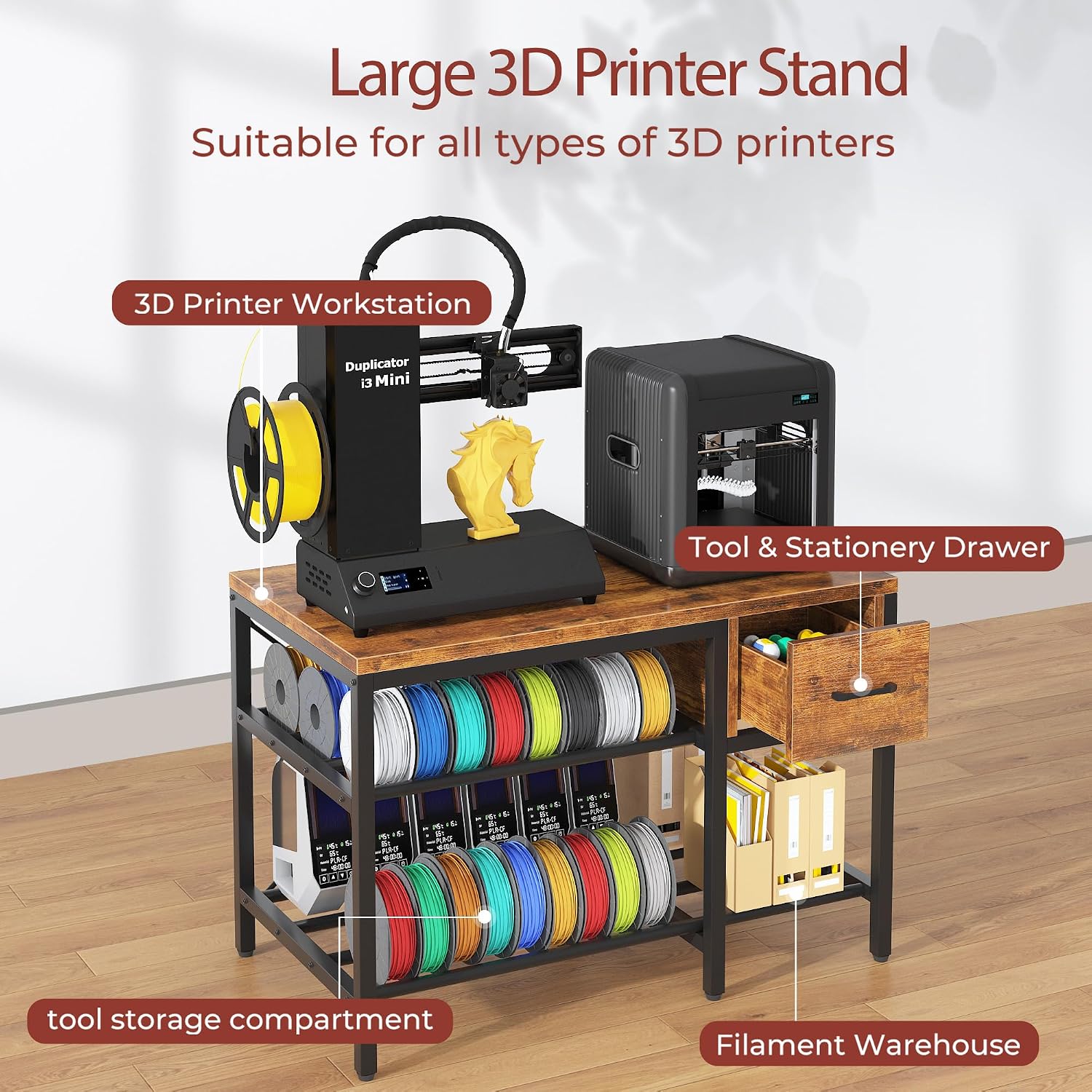 3D Printer Stand with Filament Storage – Heavy Duty Metal 3D Printer Table with Drawer and Power Hub for Workshop, Studio, and Office