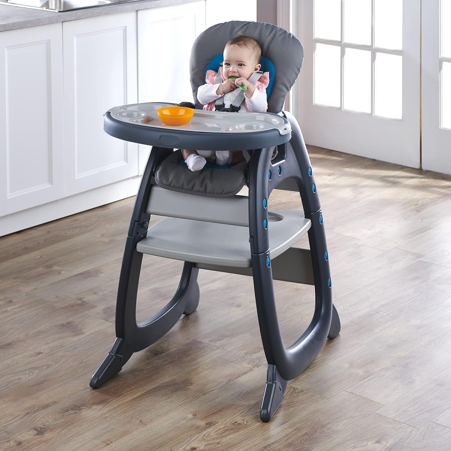 Badger Basket Envee II Convertible Baby High Chair with Infant Feeding Seat, Booster Seat, and Toddler Desk with Chair - Charcoal/Teal