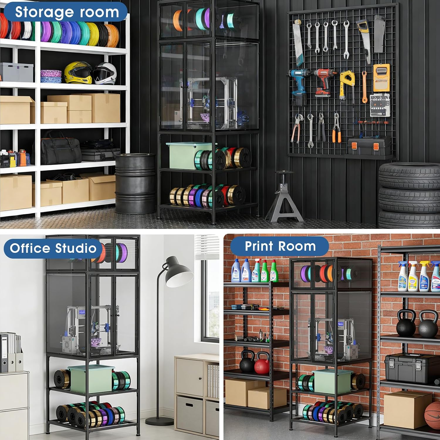 3D Printer Cabinet with Double Layer 3D Printer Filament Storage Rack, T-Shaped Filament Bar & Noise-Reducing, Dust-Proof Design, Suitable for Studio, Office Storage and Organization