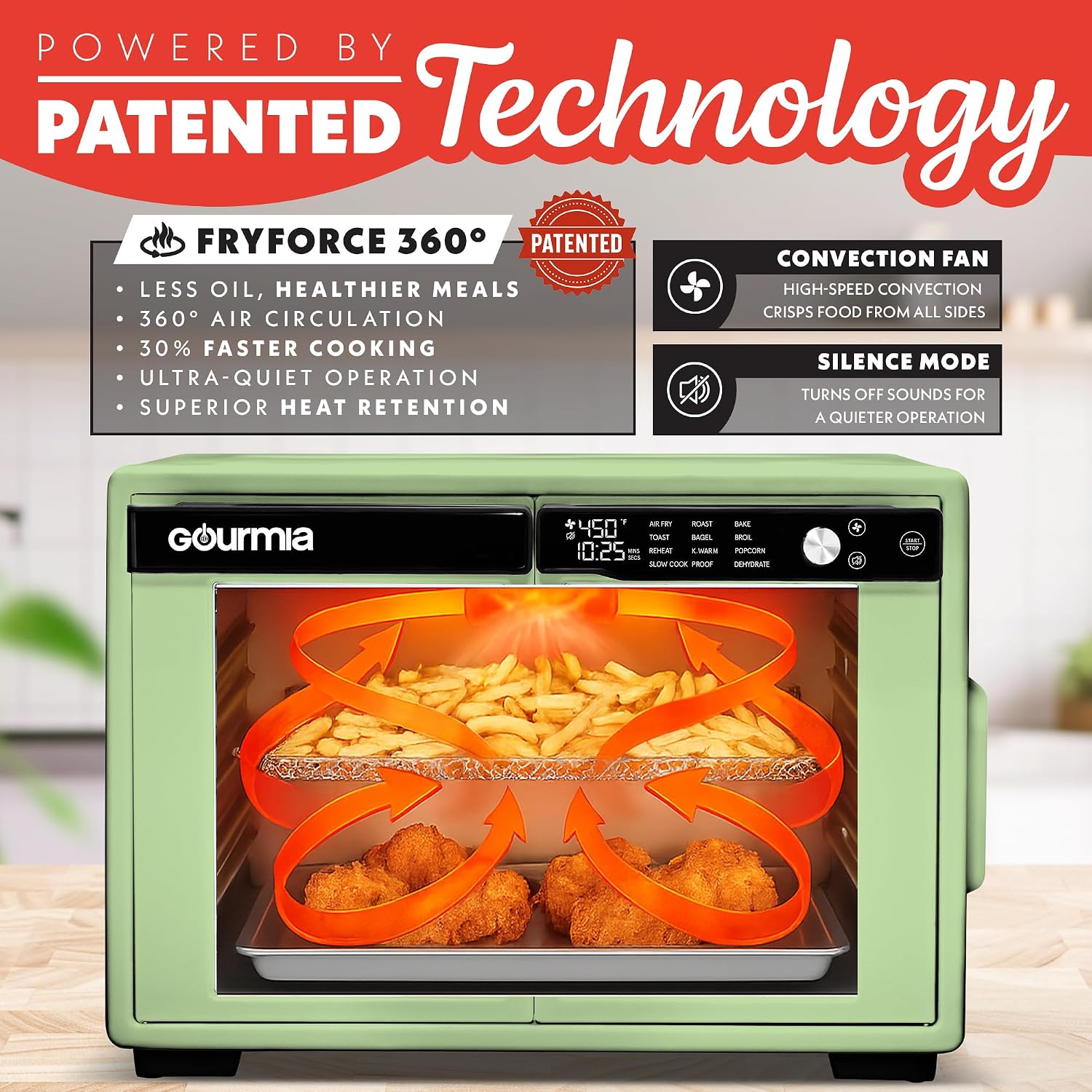 Gourmia French Door Air Fryer Oven - 37 Qt Large Capacity Convection Toaster Oven, FryForce 360°, Digital Display, 12 Cooking Presets, Dehydrate, Fits 13' Pizza, Dishwasher-Safe, Green