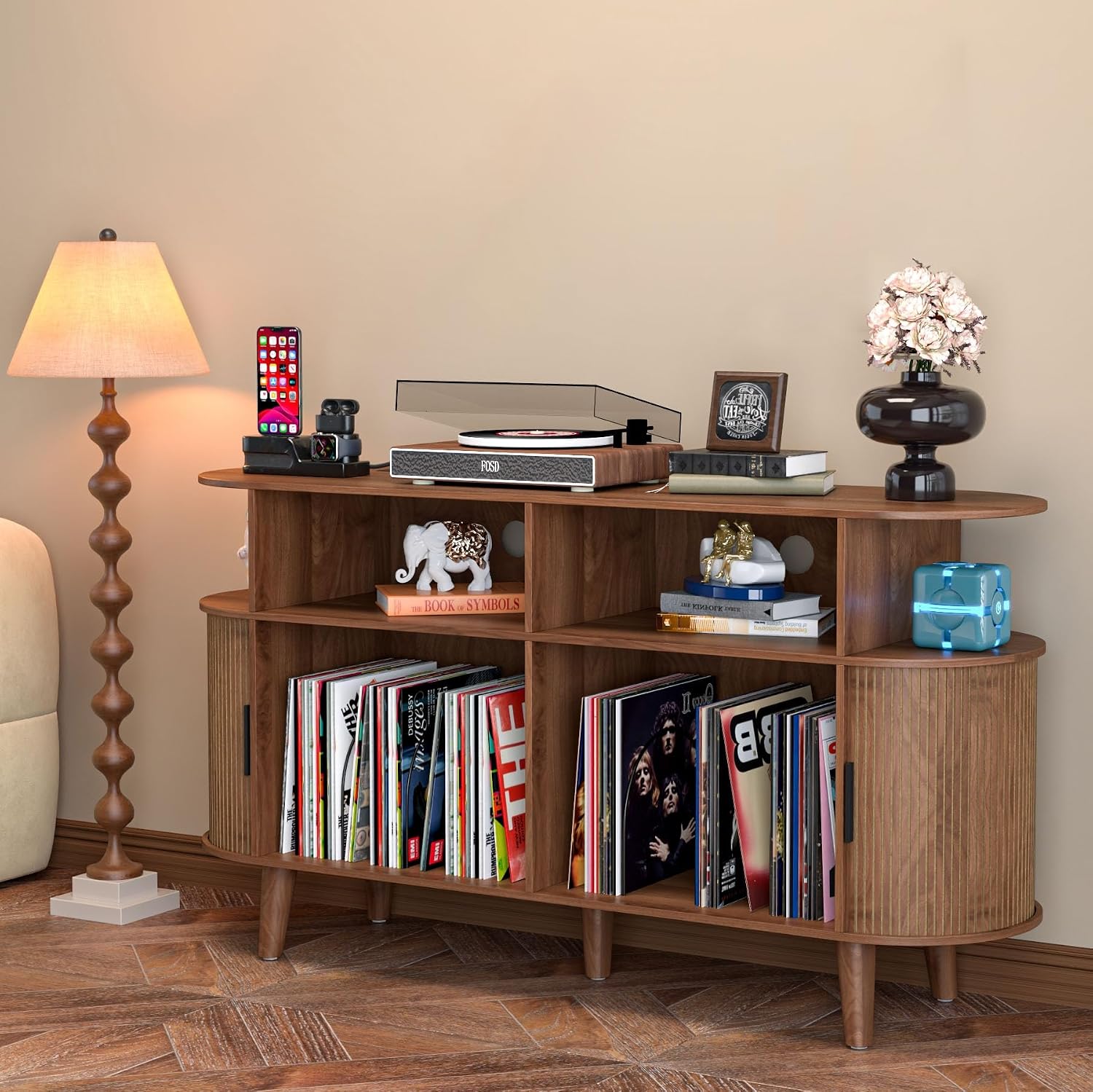 LUVIOHOME Large Round Record Player Stand with Charging Station & USB Ports，Record Storage Cabinet, Mid Century Modern Turntable Stand for Bedroom Living Room (Walnut)