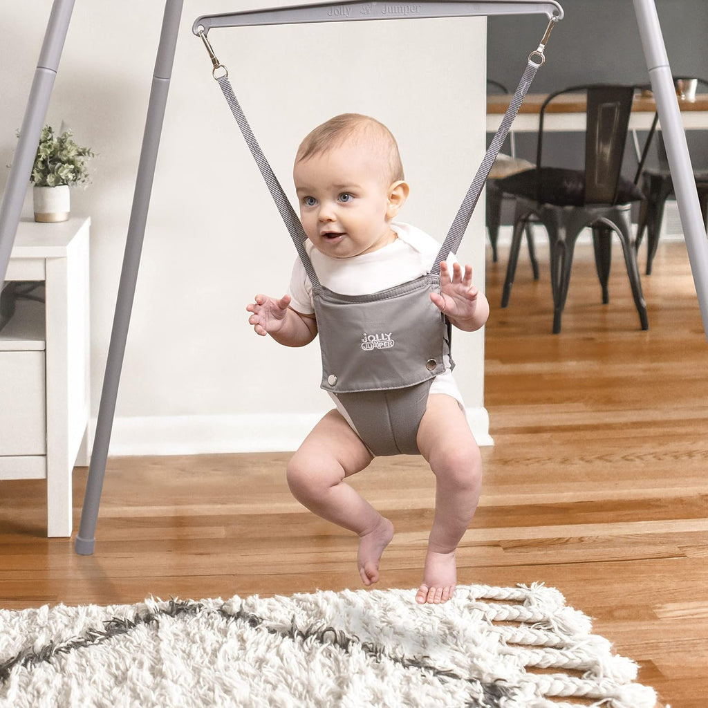 Jolly Jumper Elite (Grey Safari) Baby Exerciser - Sturdy Frame, 6 ft Tall Stand Baby Jumper, Indoor and Outdoor Exercise Saddle Seat, Adjustable Height, for Infants up to 28lbs
