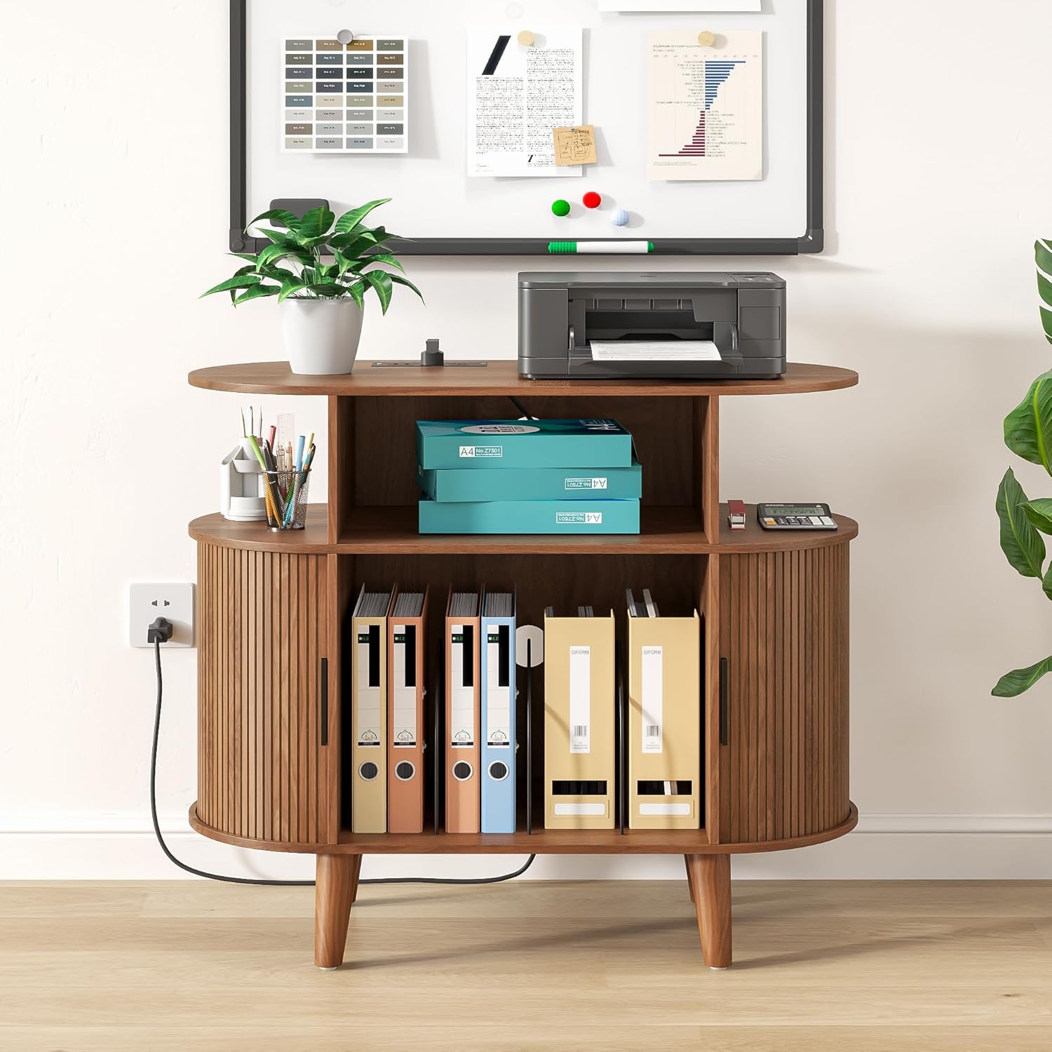 Fiogmub Round Printer Stand with Charging Station & USB Ports, 35.4 x15.7 x 30 Inches Large Printer Table 3 Tier with Storage Shelf for Home Office (Walnut)