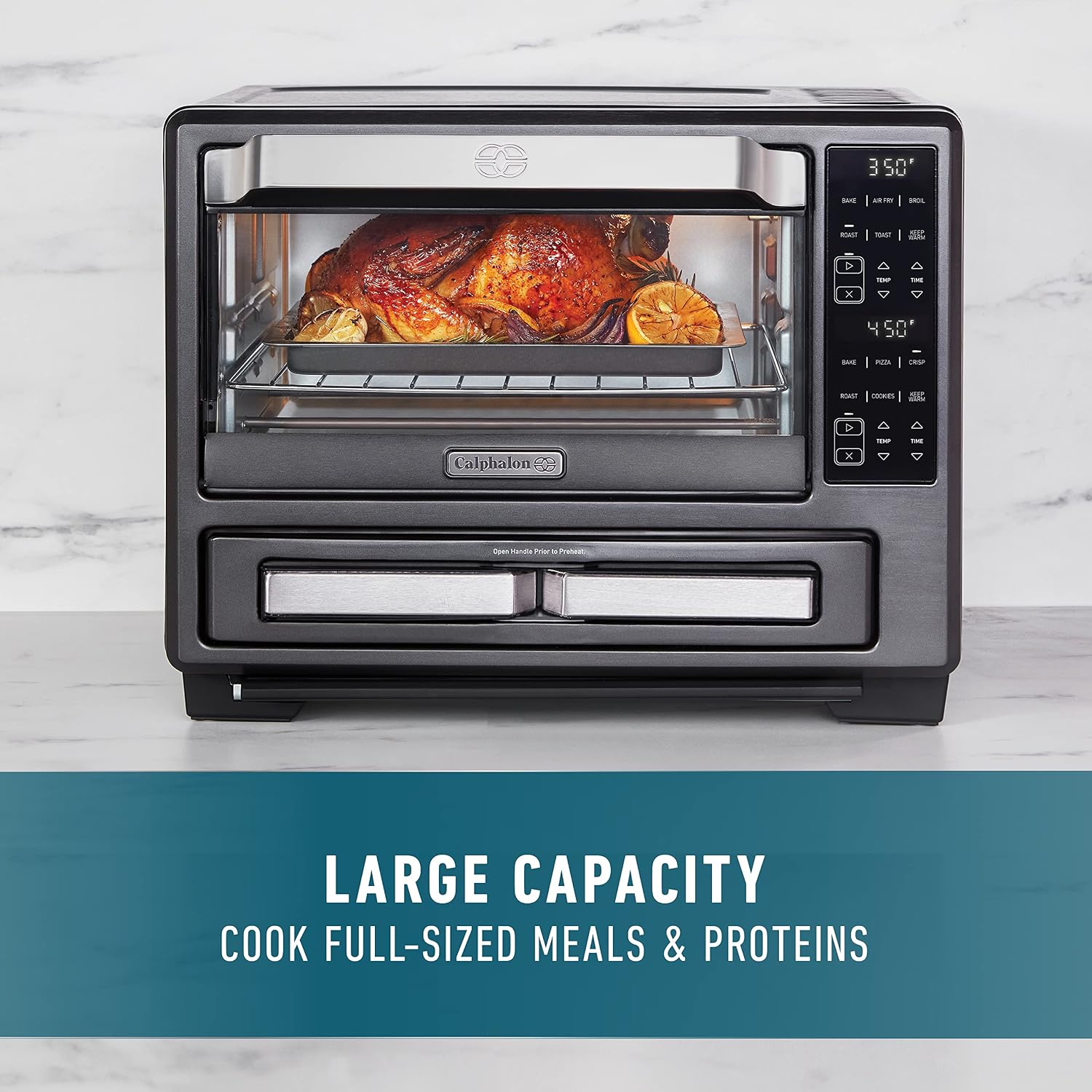 Calphalon Performance 12-in-1 Air Fry Toaster Oven with Dual Zone 12' Pizza Drawer Oven combo,Digital Precision Controls, Dark Stainless