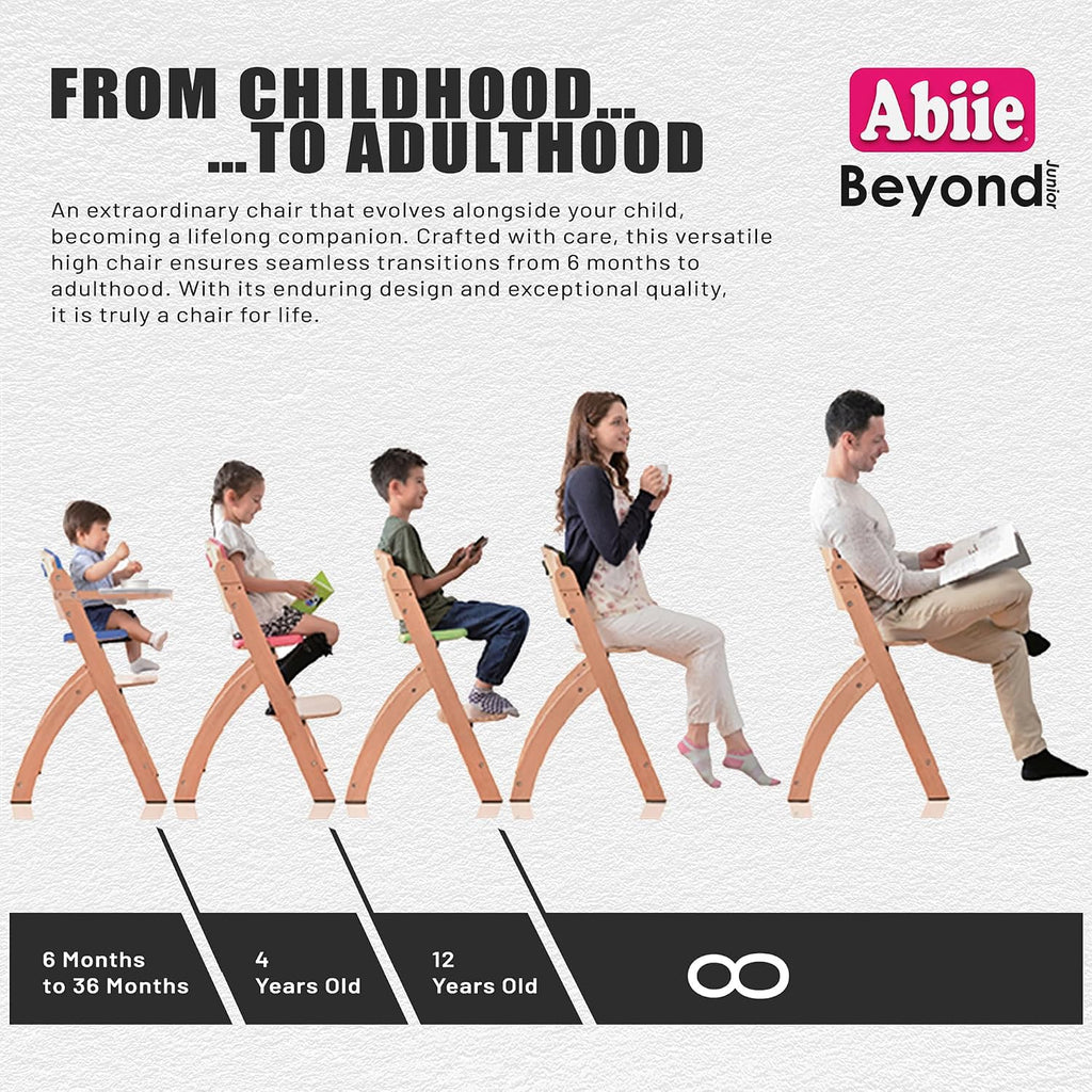 Abiie Beyond Junior Wooden High Chair for Babies and Toddlers - Convertible 3-in-1 Baby Highchair with Removable Tray - 6 Months to 250 Lb - Water Resistant - Natural Wood with Soft Mocha Cushion