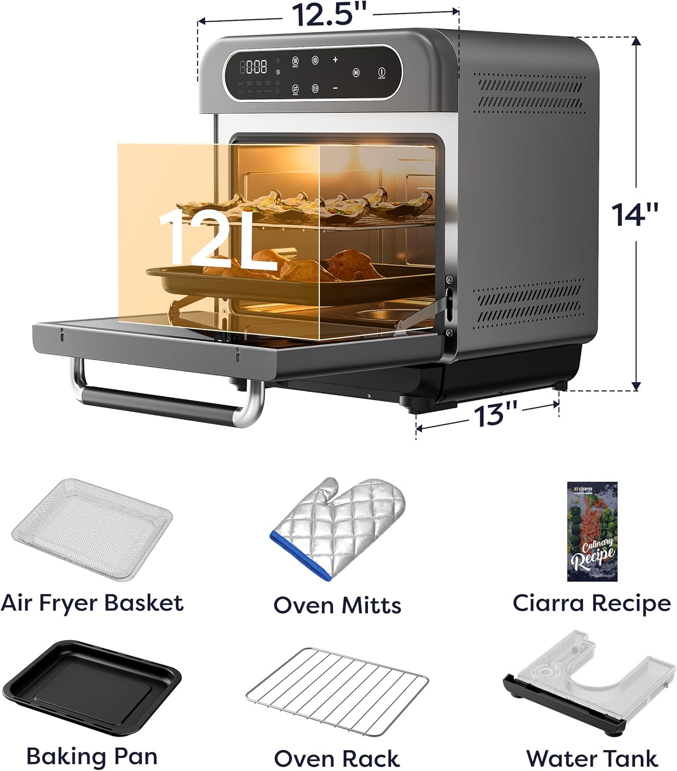 CIARRA 8-in-1 Steam Oven Countertop with Air Fryer, 13QT Mini Convection Toaster Oven with Steam, Rapid Steam, Air Fry, Vapor Bake, Steam Clean, Bake, Dried, Ferment, Grey