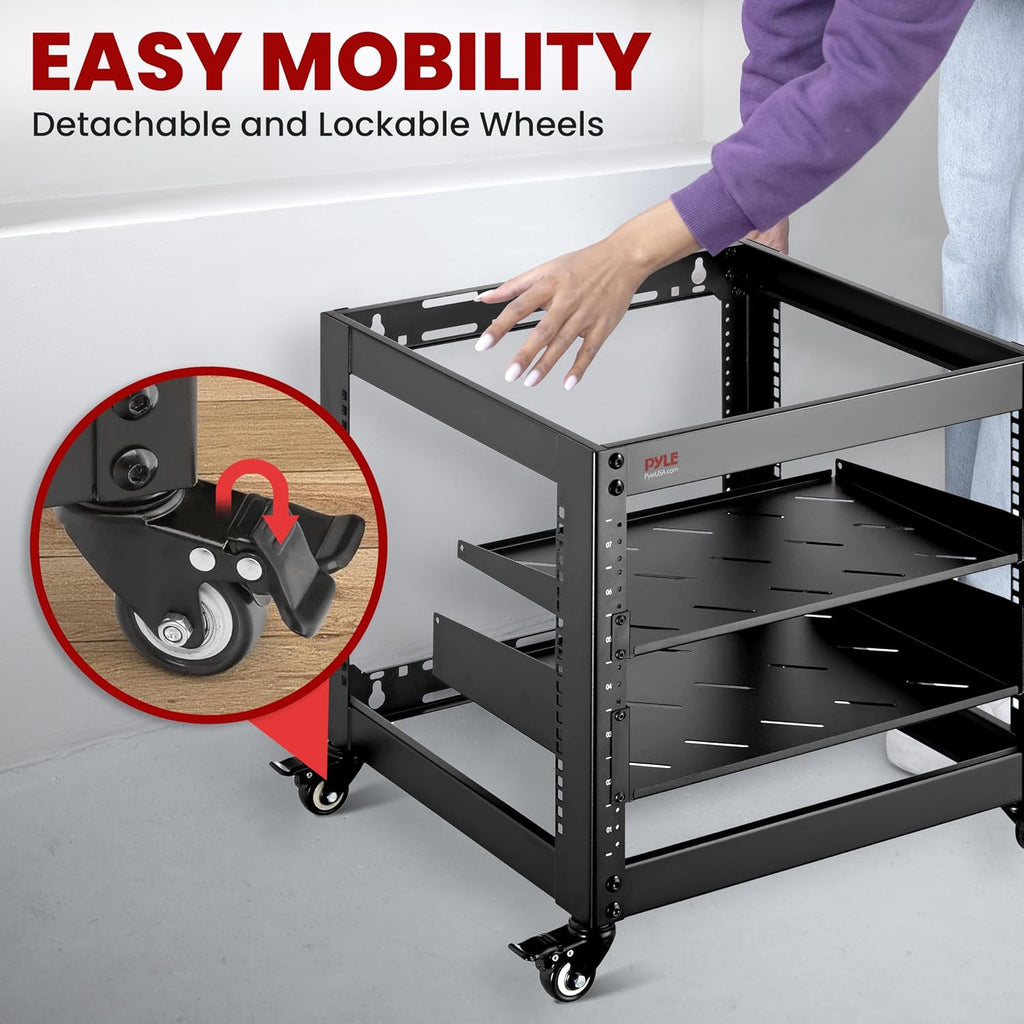Pyle 10U Network Cabinet - Enclosed Wall Mount Server Rack w/Fan, Lockable Door, Heavy-Duty Wheels, Steel Construction, Vented Shelves, Easy Access, 19' Equipment Compatible, 20 x 20 x 17 in (Black)