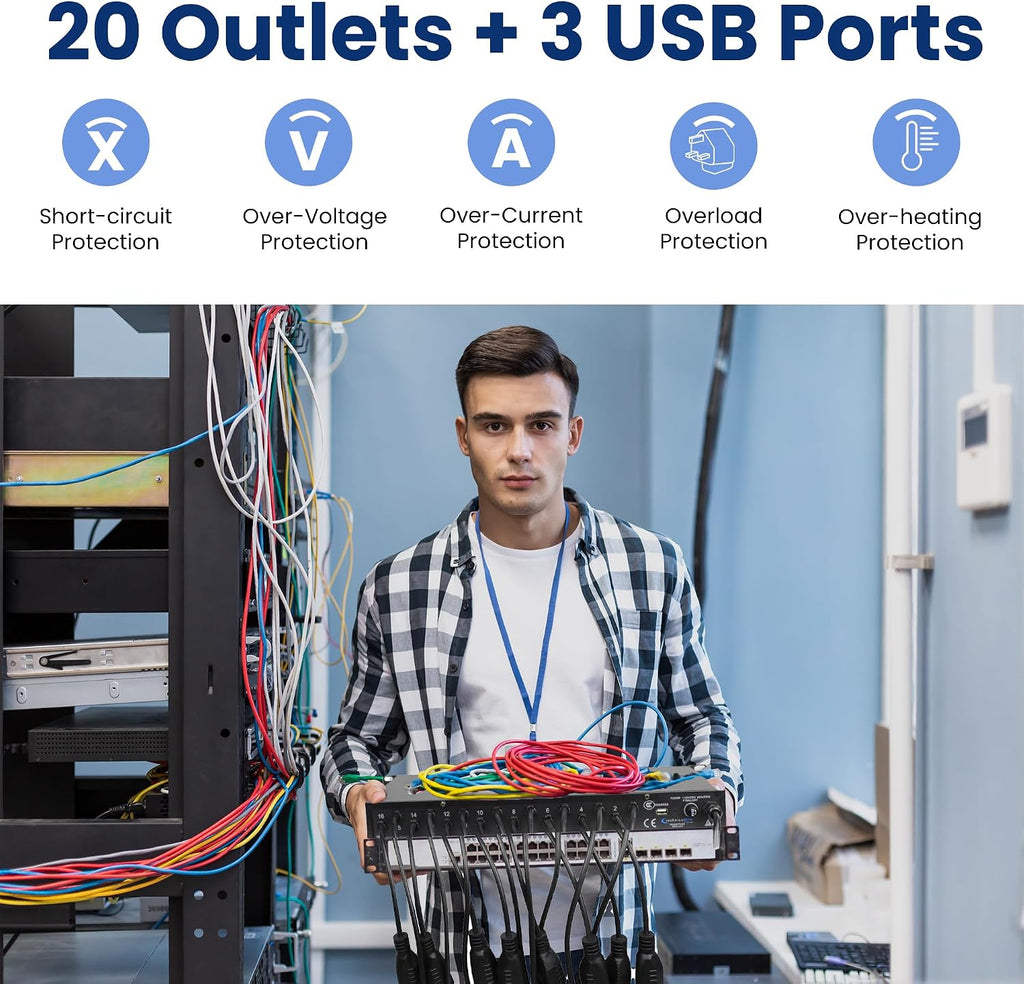 Power Supply Strip Unit Surge Protector - 19' Rack Mount 20 Outlet Including 16 Rear Panel 120V 3-Prong Plug sockets, 4 Front Panel AC Outlets, 3X 5V USB Charging Ports by Technical Pro