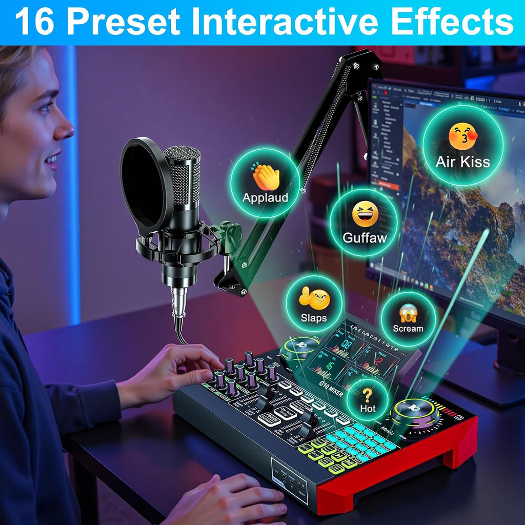 Podcast Equipment Bundle with 3.5mm Condenser Microphone for Pc/Phone Live Streaming Singing Gaming, Podcast Microphone Bundle with Live Sound Board Audio Mixer,Noise Reduction,DJ Sets