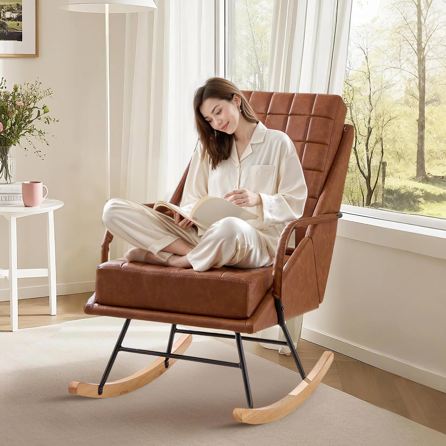 VECELO Rocking Chair Nursery, Oversize Leather Glider Rocker with Padded Cushion, Upholstered Removable High Back, Brown