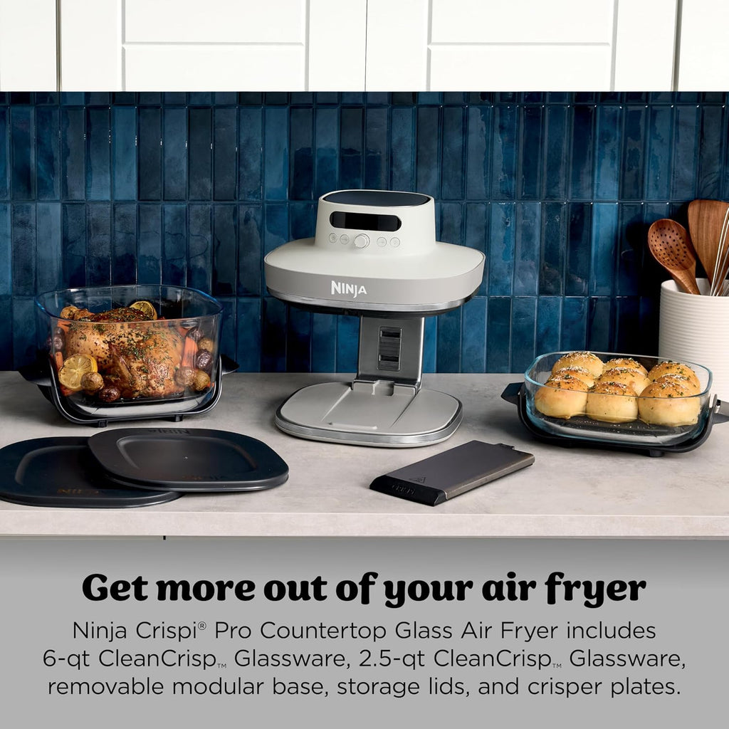 Ninja Crispi Pro 6-in-1 Glass Air Fryer | 450°F, Nontoxic, 6qt & 2.5qt Containers & Lids | Microwave, Freezer, Dishwasher Safe | Max Crisp, Air Fry, Bake, Roast, Recrisp, Dehydrate | Bone | AS101LG