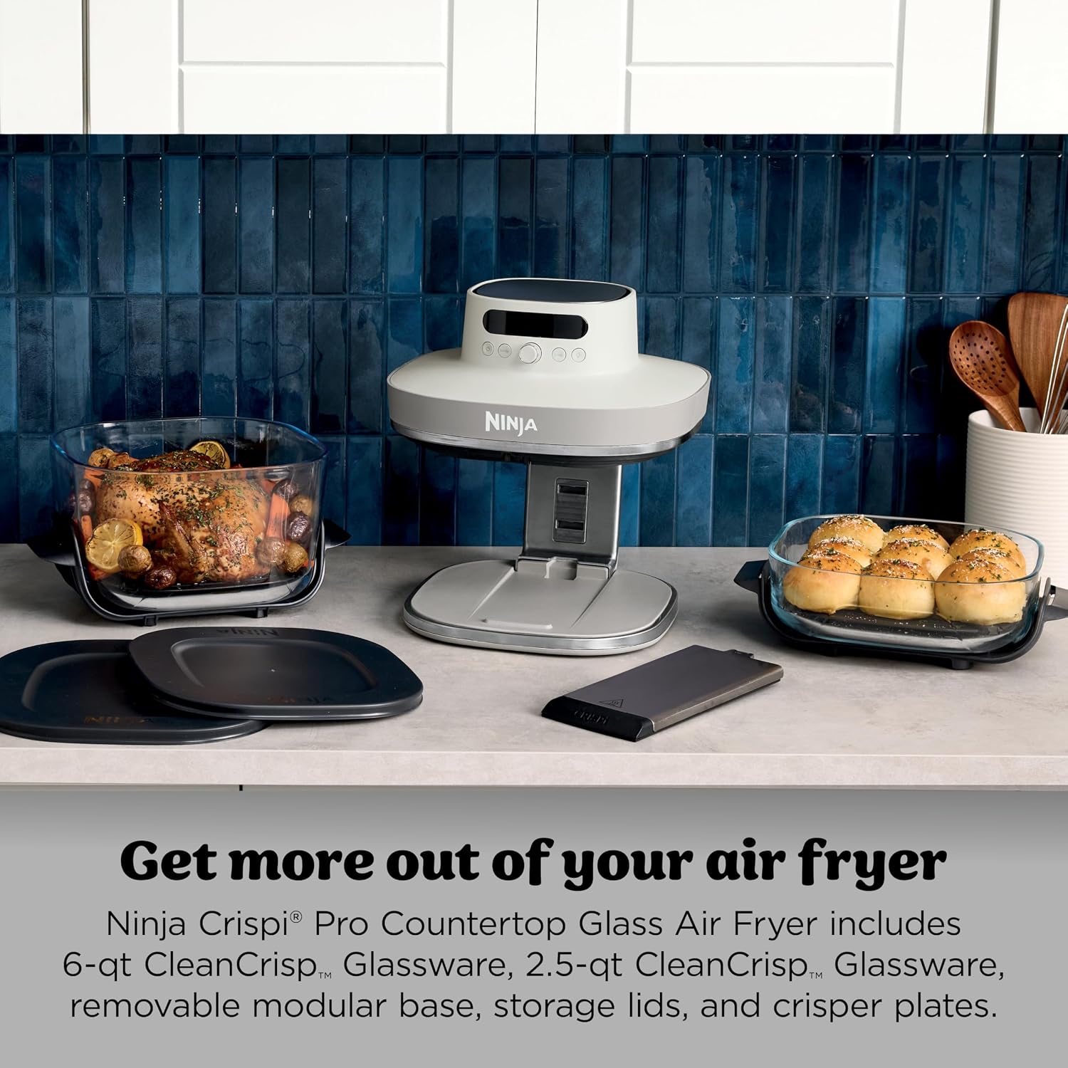 Ninja Crispi Pro 6-in-1 Glass Air Fryer | 450°F, Nontoxic, 6qt & 2.5qt Containers & Lids | Microwave, Freezer, Dishwasher Safe | Max Crisp, Air Fry, Bake, Roast, Recrisp, Dehydrate | Bone | AS101LG