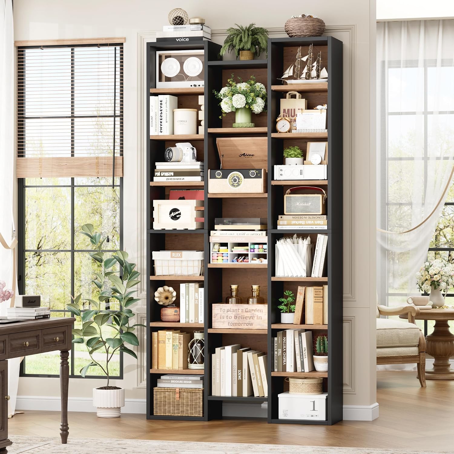 FOTOSOK 71'' Tall Bookshelf with 21 Cubes, 8 Tier Triple Wide Bookshelf with 8 Adjustable Shelves, 35' Large Bookcase DVD/CD Media Tower Storage, Freestanding Display Shelf Cabinet, Black/Brown