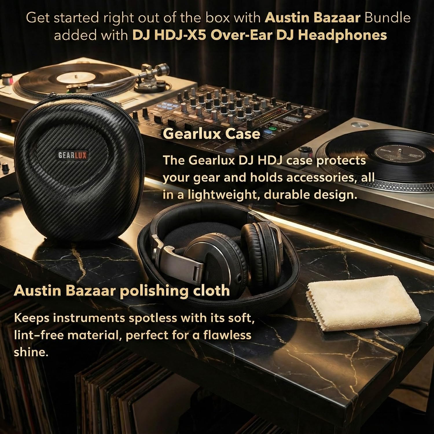 Pioneer DJ HDJ-X5 Over-Ear DJ Headphones - Black Bundle with Case and Austin Bazaar Polishing Cloth